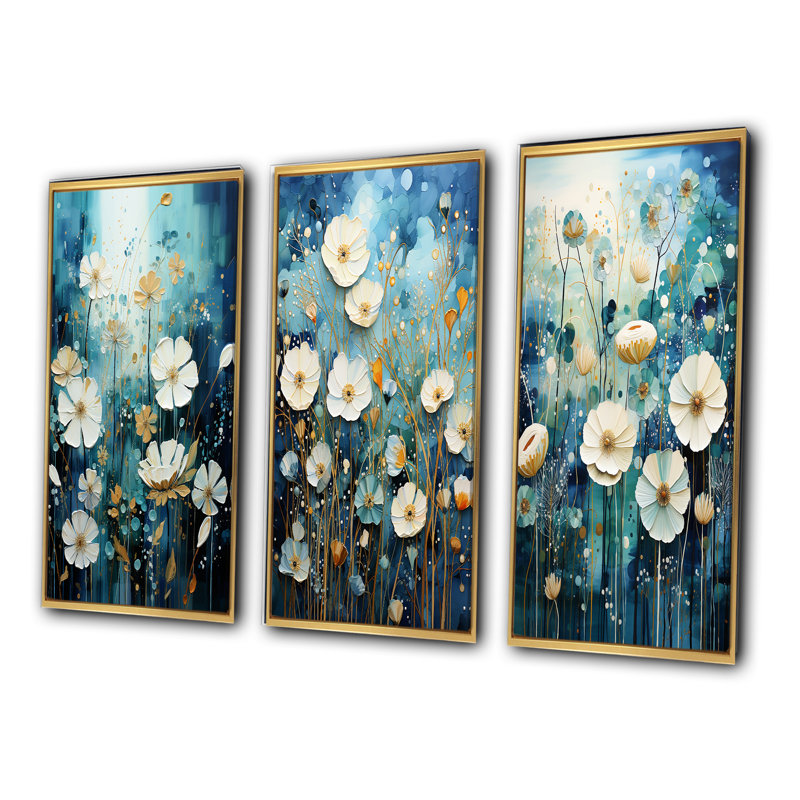 «Blue Tranquil Gardens», 3 pièces sur toile, H 32 po x l 48 po, Encadrement doré