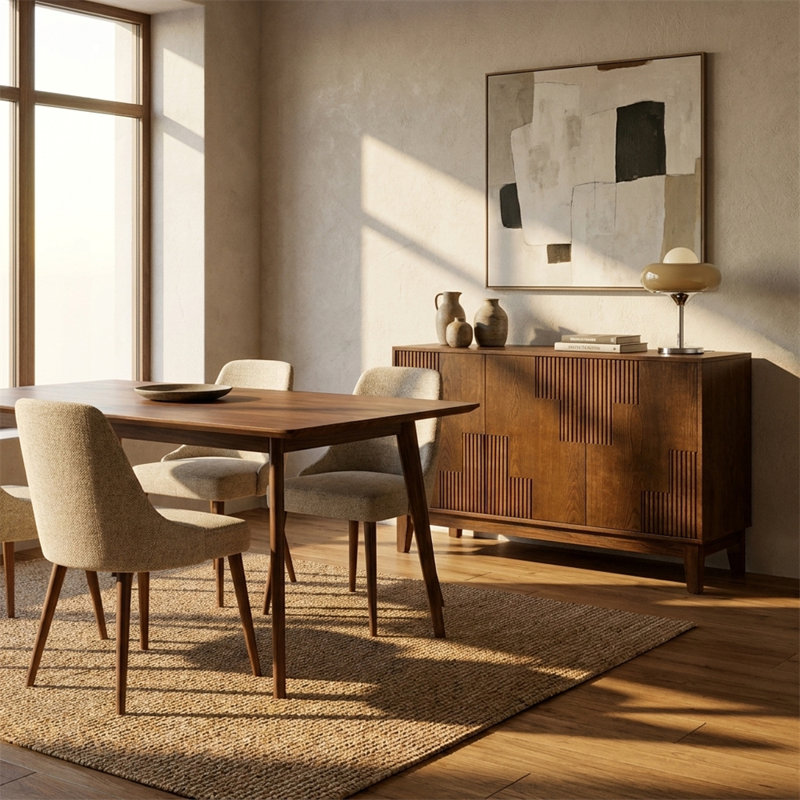 Buffet avec rangement, armoire décorative à rayures verticales, tablettes réglables, armoire de rangement polyvalente, style Mid-Century moderne, noir