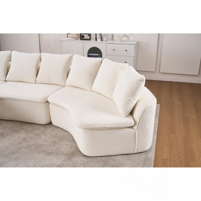 133'' Modular U-Shaped Sectional Compression Sofa with Removable Recliner Module White Woodgrain Chenille Boneless Ideal for Large Living Rooms or Bedrooms Flexible Configuration for a Versatile