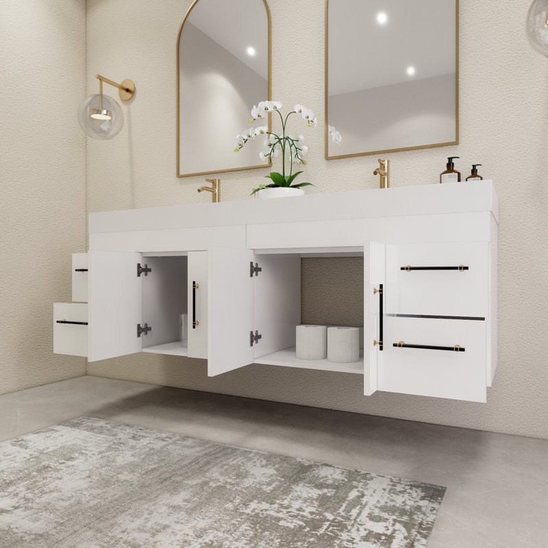 70.8" Wall-Mounted Double Bathroom Vanity Set, Glossy White