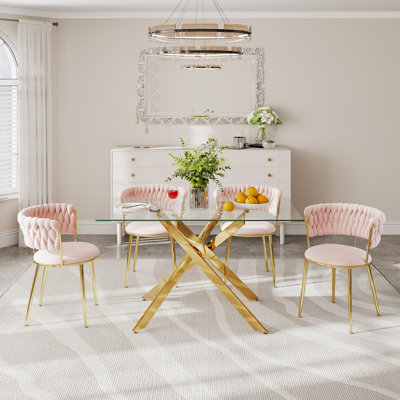 Clear Rectangle Pedestal Dining Set with Weaven Velvet Dininig Chair