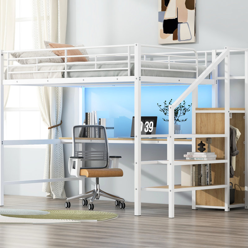Lit mezzanine en métal blanc avec bureau intégré, escalier de rangement, garde-robe et éclairage à DEL coloré, structure solide pour lit de stabilité, garde-robe, 7 couleurs DEL, appartements