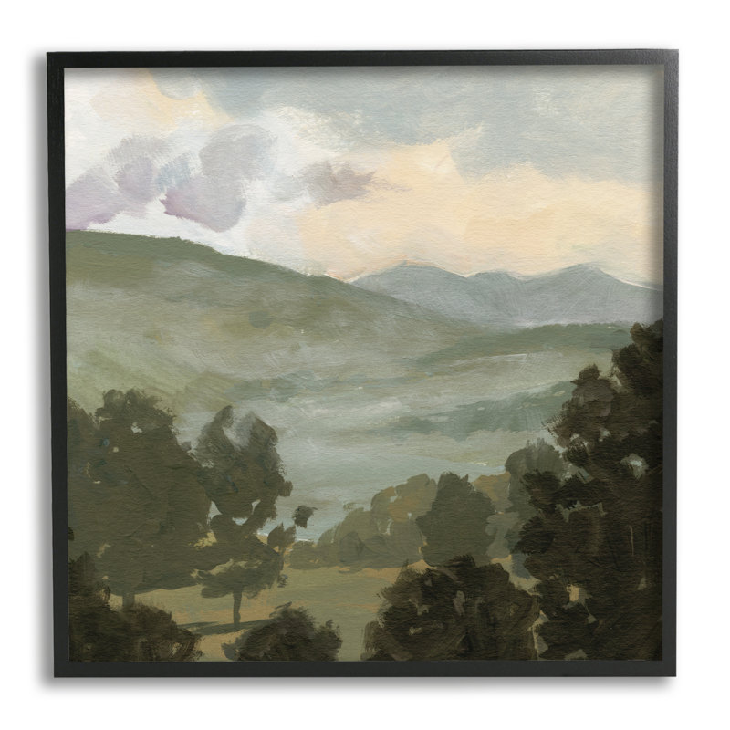 Paysage de campagne verte sur bois par Victoria Barnes, peinture, H 17 po x l 17 po x P 1,5 po, Giclée encadrée noir minuit