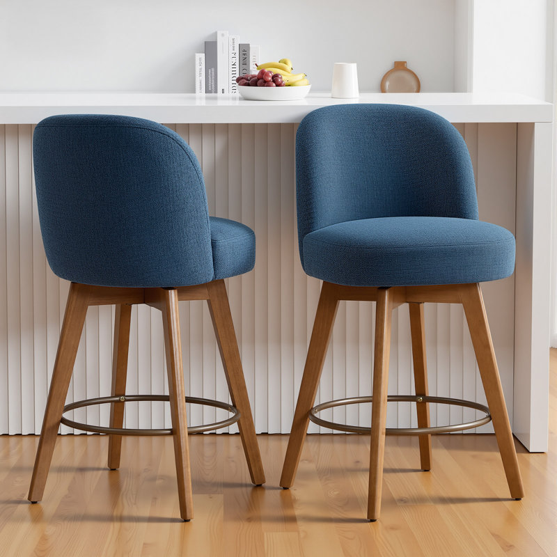 Tabouret de comptoir pivotant 26 po avec structure en bois massif et dossier moyen, Bleu foncé / mélange de lin