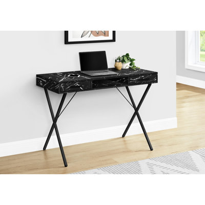 Contemporary Laptop Table, 42"l, Black Marble-like Laminate, Metal Base, 2 Drawers And Open Shelf For Portable Use Modern Work Desk With 42"l Top, Marble Look Frame, Storage Productivity