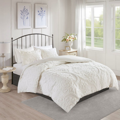 Couette en coton chenille 3 pièces double / grand, chic et blanc avec attaches et couvre-boutons