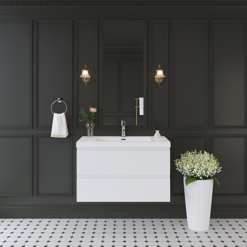 36" Floating Bathroom Vanity With Sink, Glossy White, 35"
