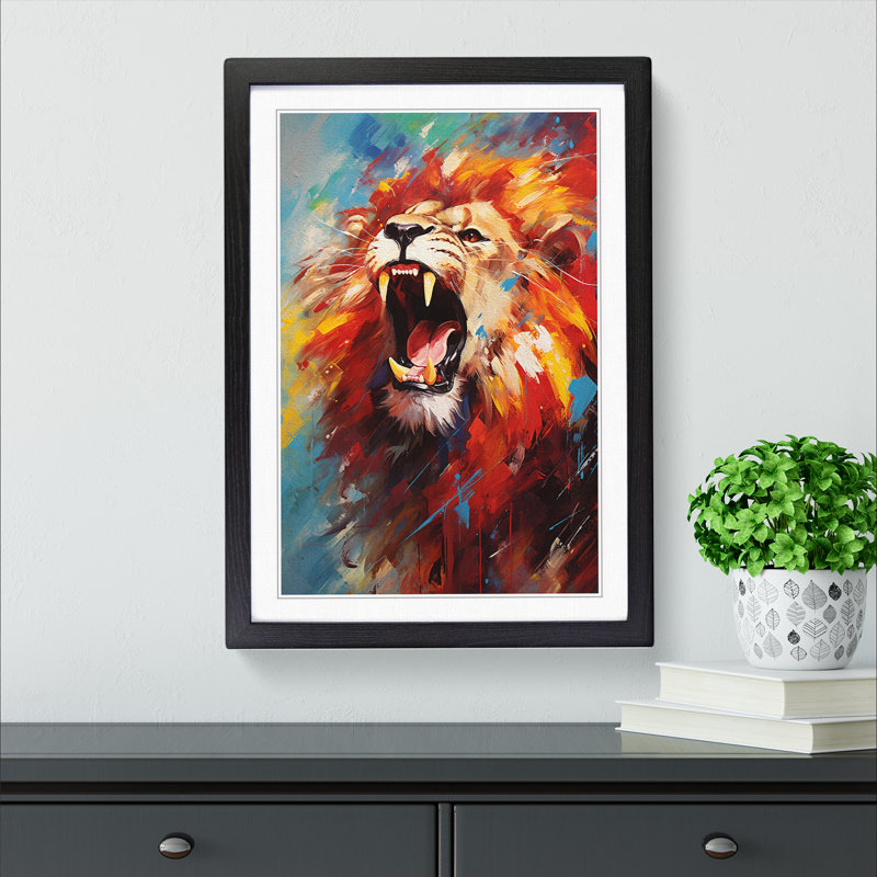 Lion Modern - Single Picture Frame Print on Wood, Black Framed, 34cm H x 25cm W x 2cm D