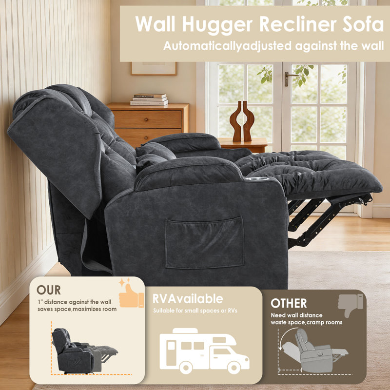 Ensemble de canapé inclinable en tissu de velours 2 pièces avec porte-gobelet de rangement et station de charge, Grey