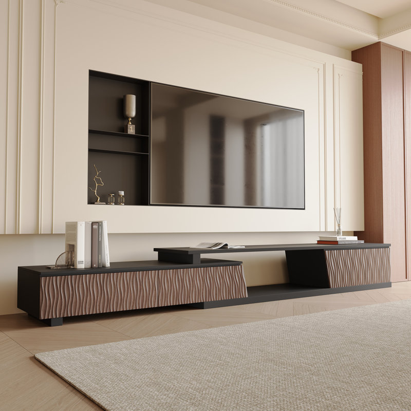 Mid-century Modern Extendable TV Stand for TVs up to 85" with Storage Drawers and Open Shelf