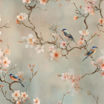 Papier peint floral oiseaux rétro