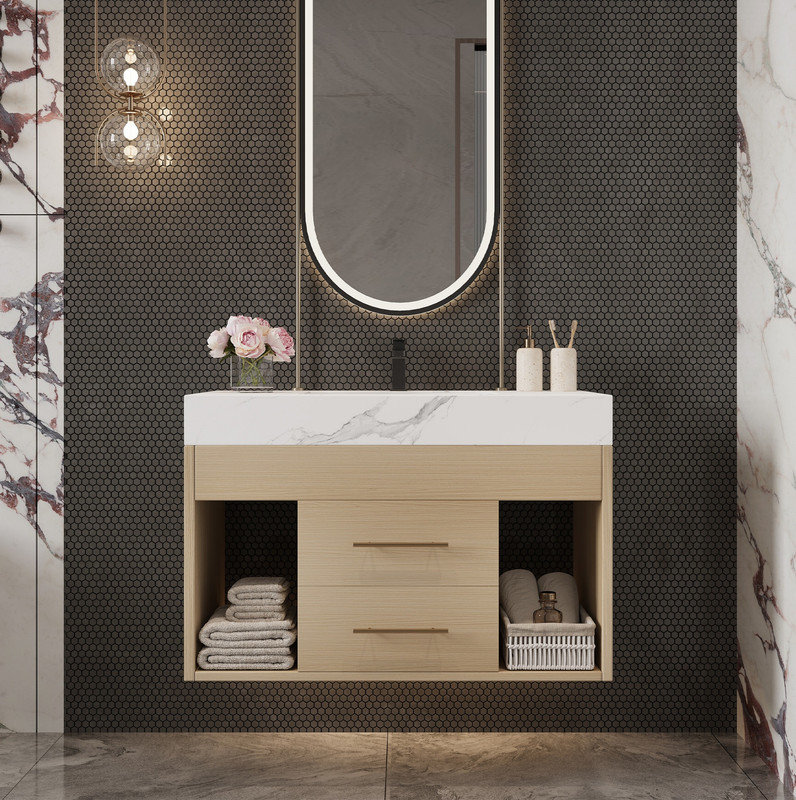 Ensemble de meuble-lavabo mural flottant 29,9 po, Beige