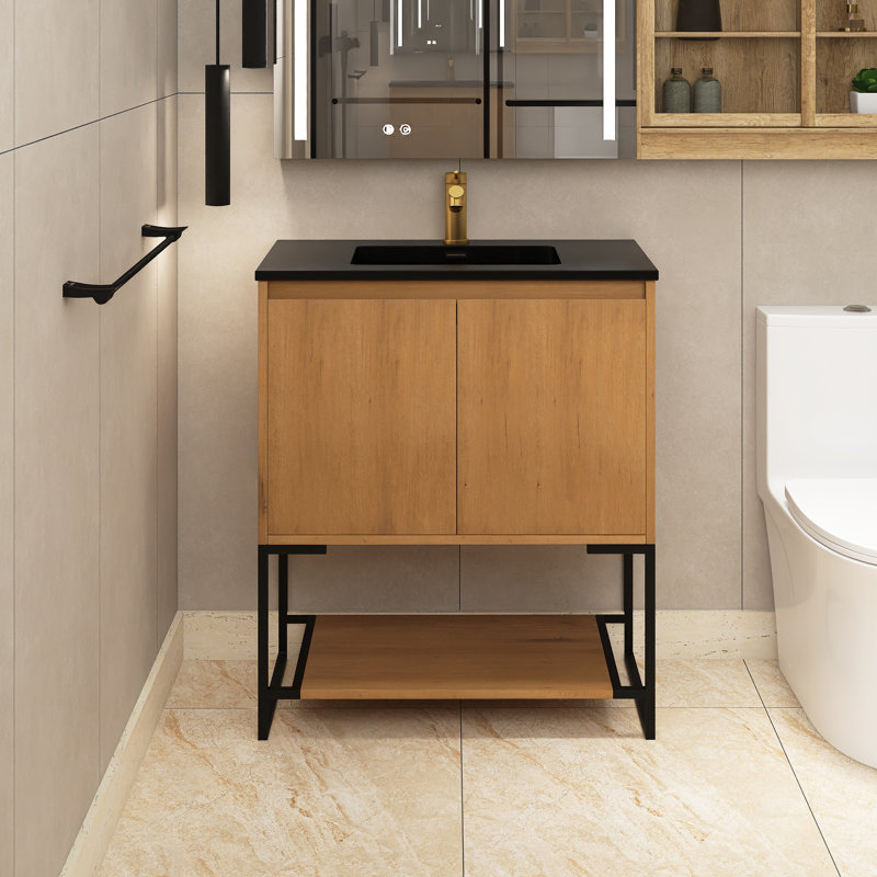 Bejtulla 29.53 " W Freestanding Standard Free Standing 1 Single Vanity Bathroom Vanity With Quartz Top, Oak