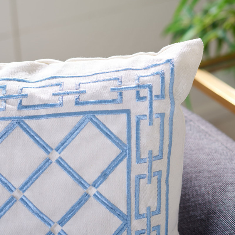 Blue and White Embroidered Cotton Square Throw Pillow