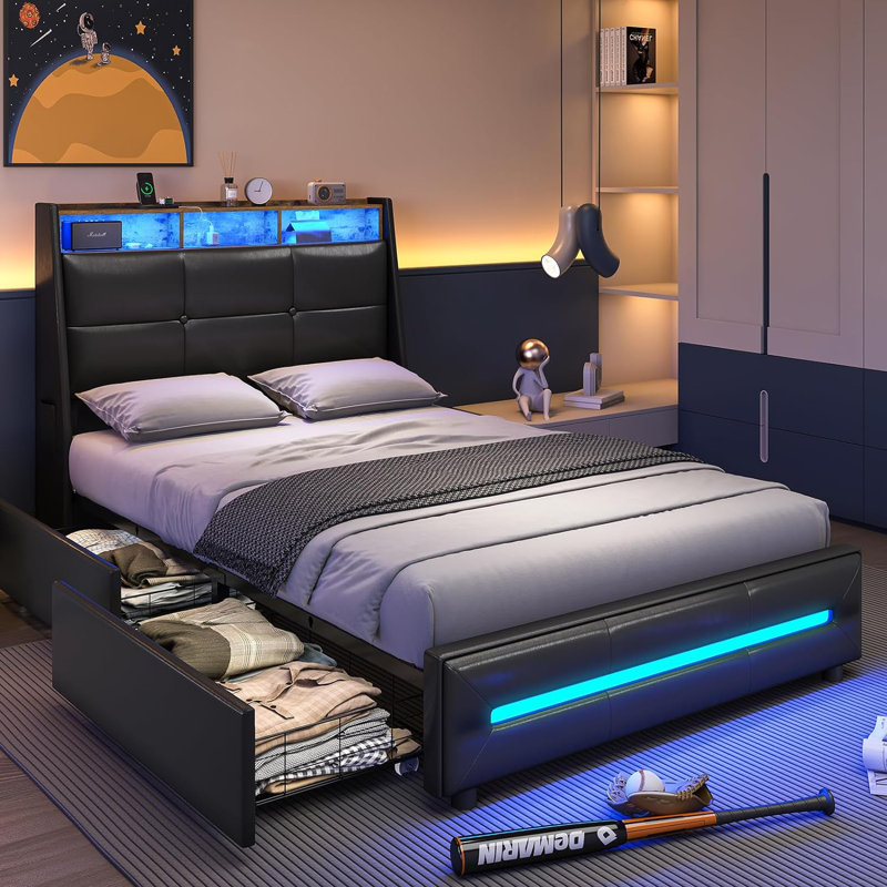 LED Upholstered Platform Bed Frame with 4 Storage Drawers and Storage Headboard, Twin, Black PU