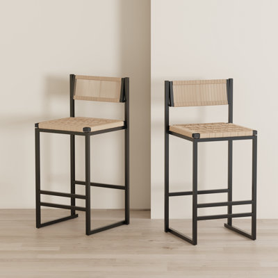 Kitchen Bar Stools With Footrest Set Of 2 Paper Rope Weave Dining Chairs Counter Height Barstool (Style B Black & Honey)