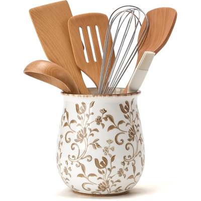 Tableware rack for kitchen countertops, modern farmhouse cooking utensil rack and kitchen decoration, ceramic utensil storage container for shovels, spoons, egg beaters, rolling pins - brown floral pattern