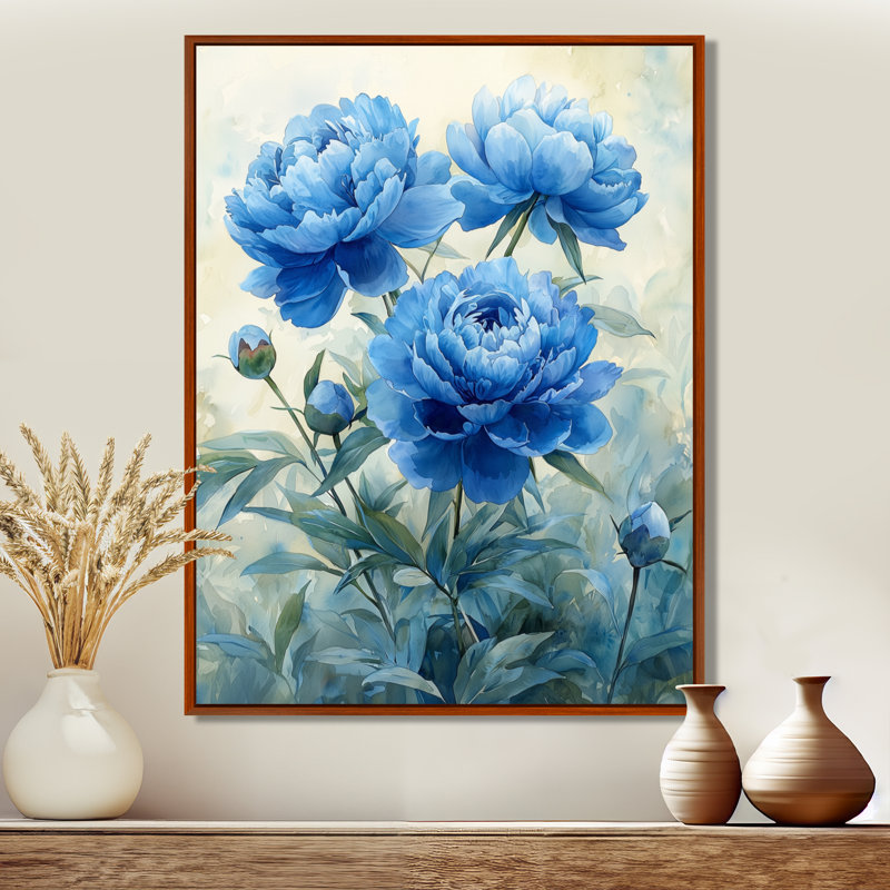 Jacquelle, pivoines bleues dans le jardin I - pivoines, art mural, Impression sur cadre flottant, Brun, H 44 po x l 34 po
