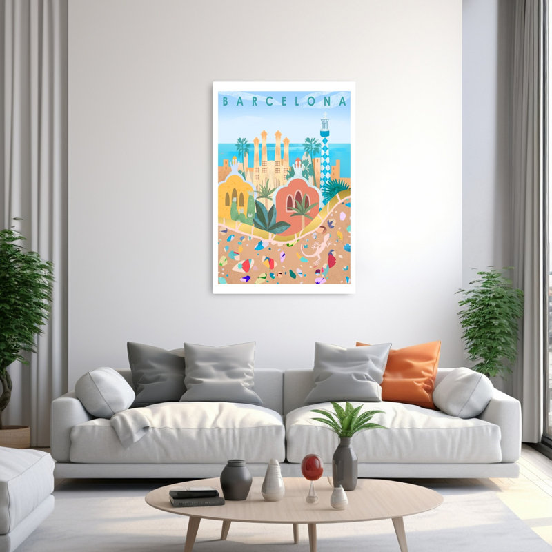 Barcelona Colorful Vibrant Abstract Lizard Palm Architecture Beach Wall Art Print 1 Piece Wrapped Canvas Wall Art