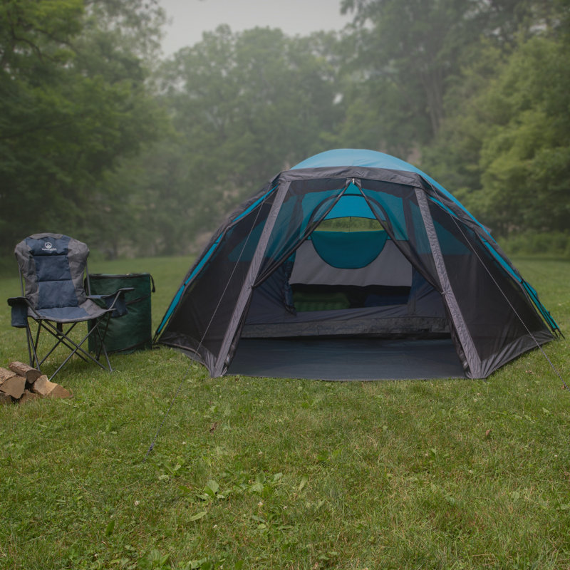 Wakeman Outdoors Cabin-Style 6 Person Camping Tent with Built-In Screen Tent and Carrying Bag, Teal, Blue/Grey