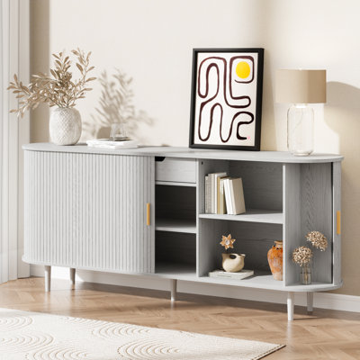 Buffet 70 po avec portes tambour rondes, grand tiroir de rangement, tablettes réglables et pieds en bois massif pour la salle à manger, le salon et le vestibule