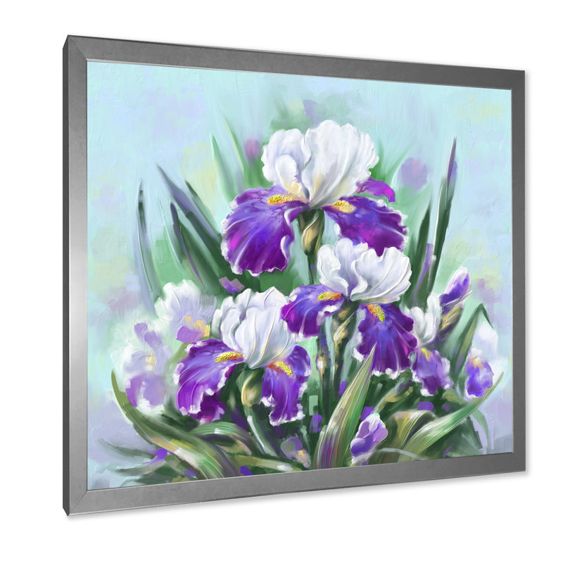 Fleurs et iris mauves en fleurs, Impression argent sur toile encadrée, H 36 po x l 36 po x P 1,5 po