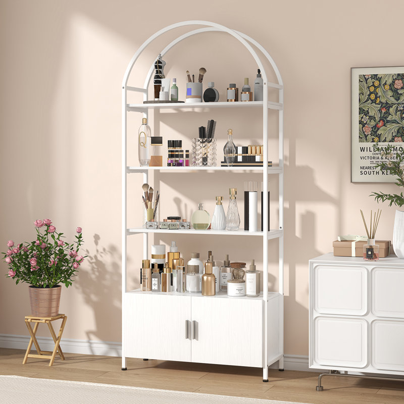 Arched Book Shelf, Bookcase With Doors Storage, 180cm Tall Bookshelf With Sturdy Metal Frame, E1 Quality Boards, Freestanding Display Shelving Unit Living Room