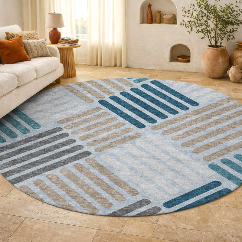Premium Machine Washable Mayfield AMF2339 Geometric Rug, Teal, 8' Round