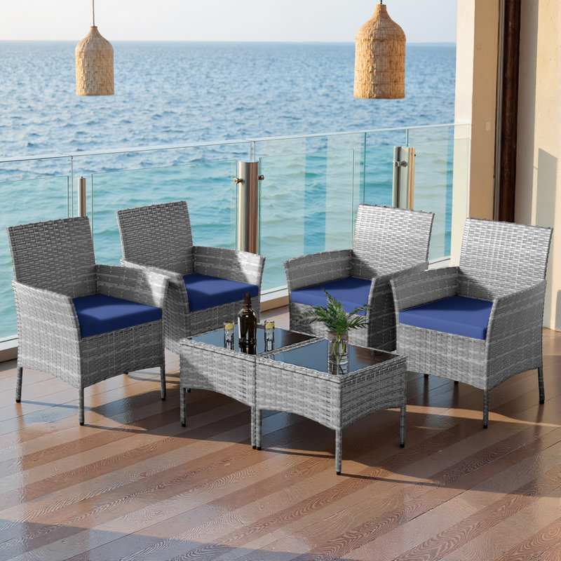 6-Piece Wicker Patio Conversation Set with Cushions — Flexible Mix-and-Match Seating for Small Outdoor Spaces, Gray, Navy