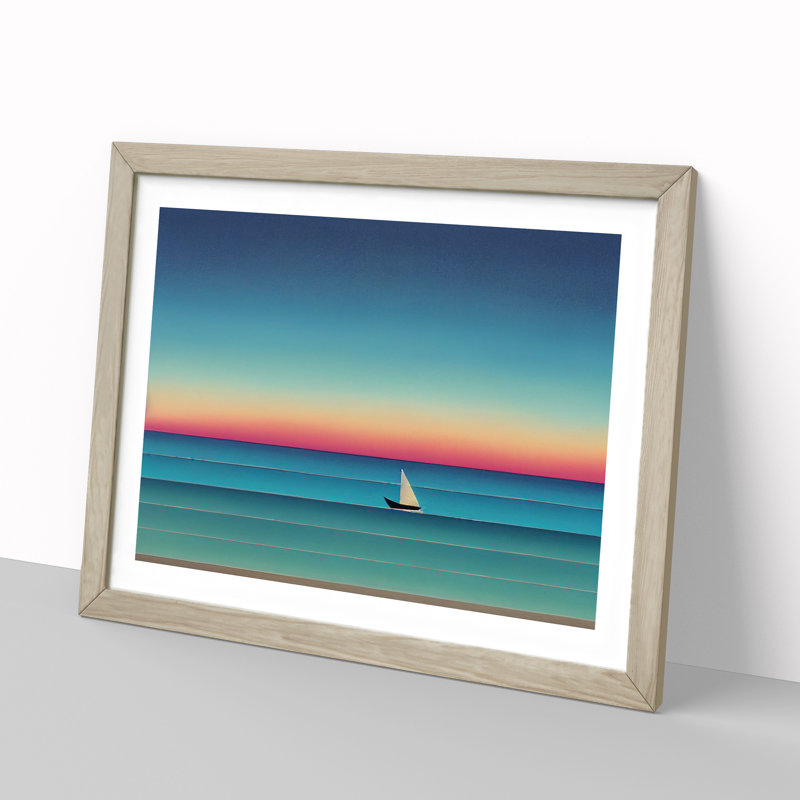 Boat On A Striped Ocean - Single Picture Frame Print, 46cm H x 64cm W x 2cm D, Oak Framed