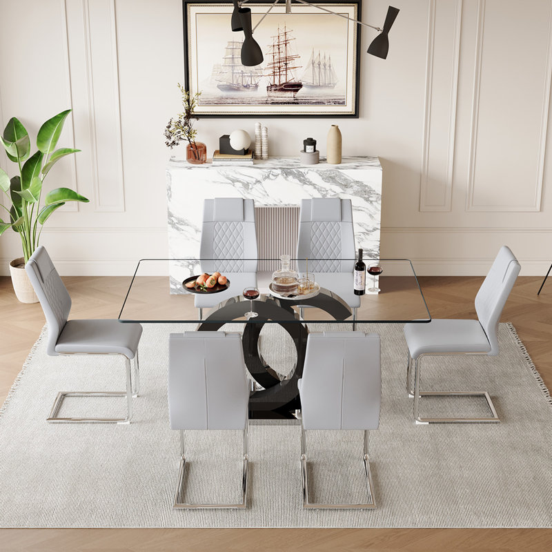7-Piece Glass Top Dining Table Sets, Gris léger / argent