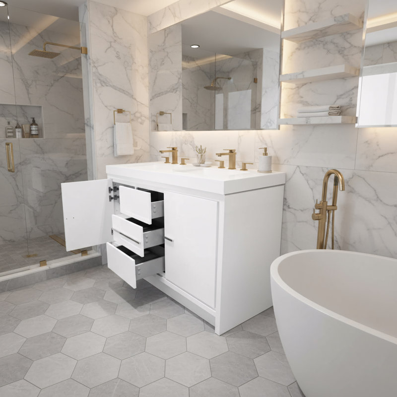 Jariel 60 po L x 20 po P 2 portes et 3 tiroirs Meuble-lavabo avec évier simple et Comptoir en Acrylique