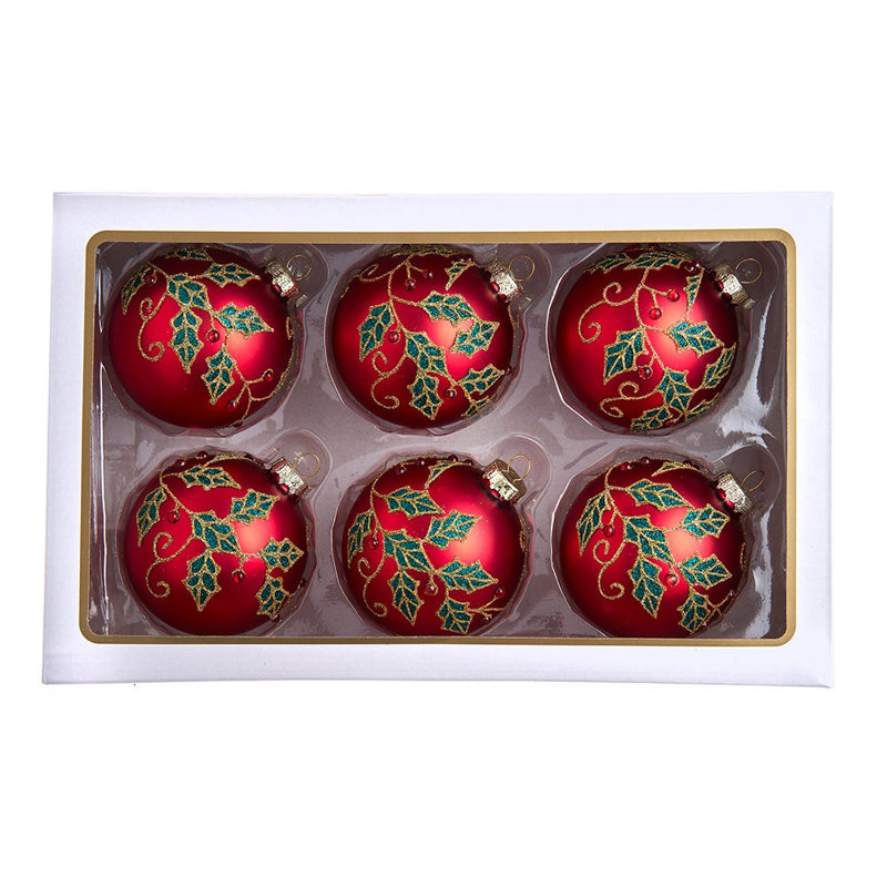 80MM Red Glass Ball Ornaments with Holly Leaves and Rhinestones, Set of 6