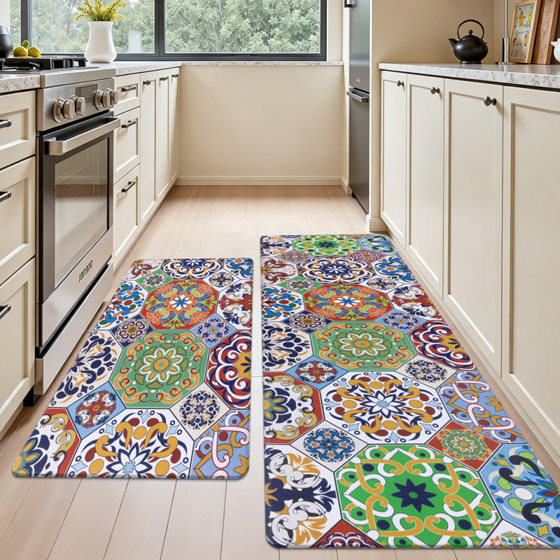 Alishia Anti-Fatigue Non-Skid Waterproof Kitchen Mat (Set of 2), Runner 18" x 30" + 18" x 48", Navy/Red/Green