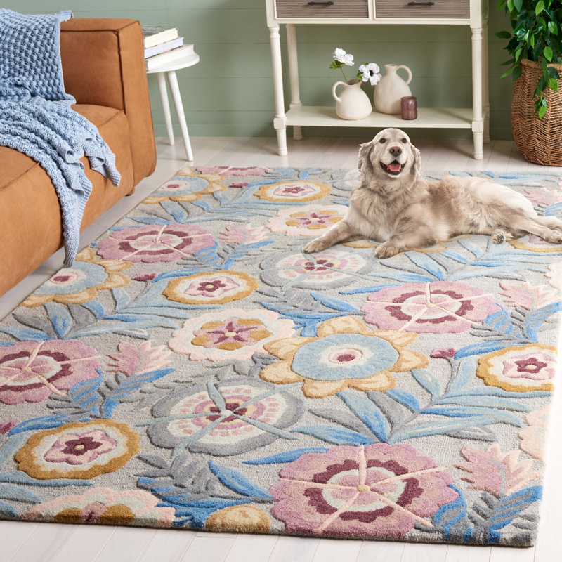 Orilla Tufted Wool/Cotton Floral Rug in Gray/Pink, Rectangle 5' x 8'