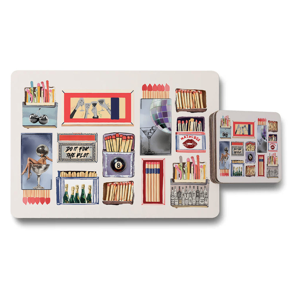 Vintage Style Collage Placemat And Coaster Set With Colorful Illustrations