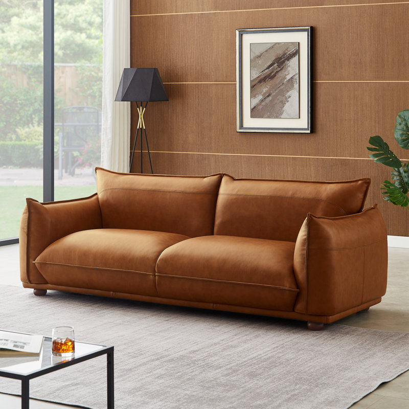 Solid + Manufactured Wood Leather Upholstered Sofa with Pocket Springs, Cognac Genuine Leather