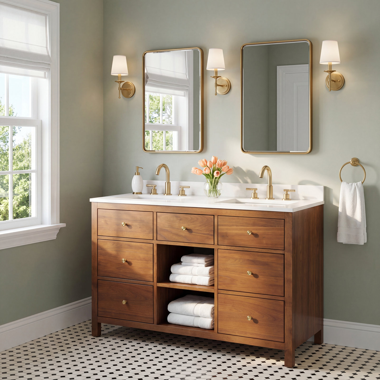 Double Bathroom Vanity, Brandy Walnut/Gold, 48"