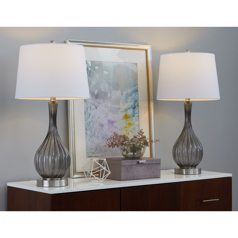 Rami 27" Crackle Glass Table Lamp Set, Clear Smokey Glass/Brushed Nickel, 27.25" H x 14" W x 14" D, Off-White