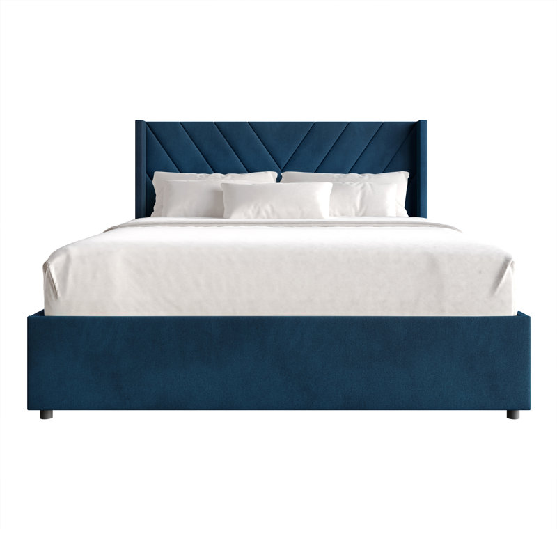 LIT DE RANGEMENT DE GRANDE PLATE-FORME WINGBACK RELEVÉ EN VELOURS BLEU MARINE, Bleu marine, Grand lit