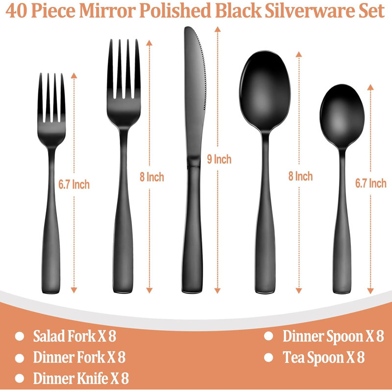 40 Pcs Black Silverware Set