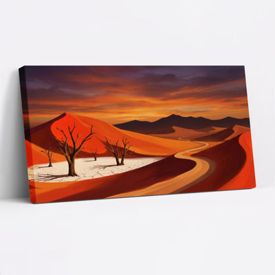 Desert Landscape With Red Dunes And Silhouetted Trees Canvas Wrapped Wall Art Oil Painting Print Set Of 1