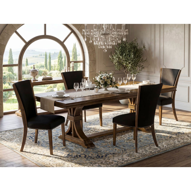 5-piece Kitchen Table Set consists of a Dining Table and 4 Black Linen Fabric Dinner Chairs with Button tufted Back - Antique Walnut Finish
