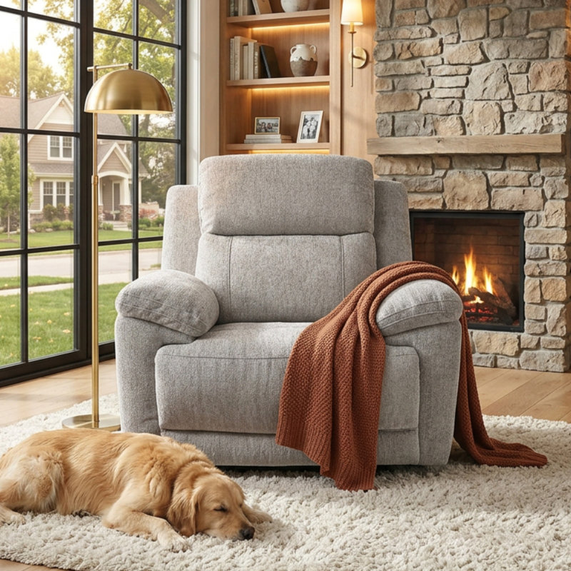 Fauteuil inclinable électrique tapissier de 43,3 po Callendale avec charge USB et de type C, Gris clair