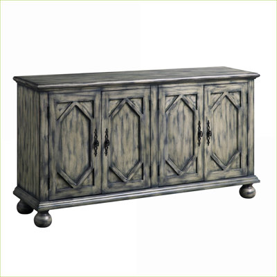 Armoires | Console rectangulaire en bois synthétique, finition gris ardoise, 4 tablettes de rangement intérieures, pieds tournés | Traditionnel | Salon