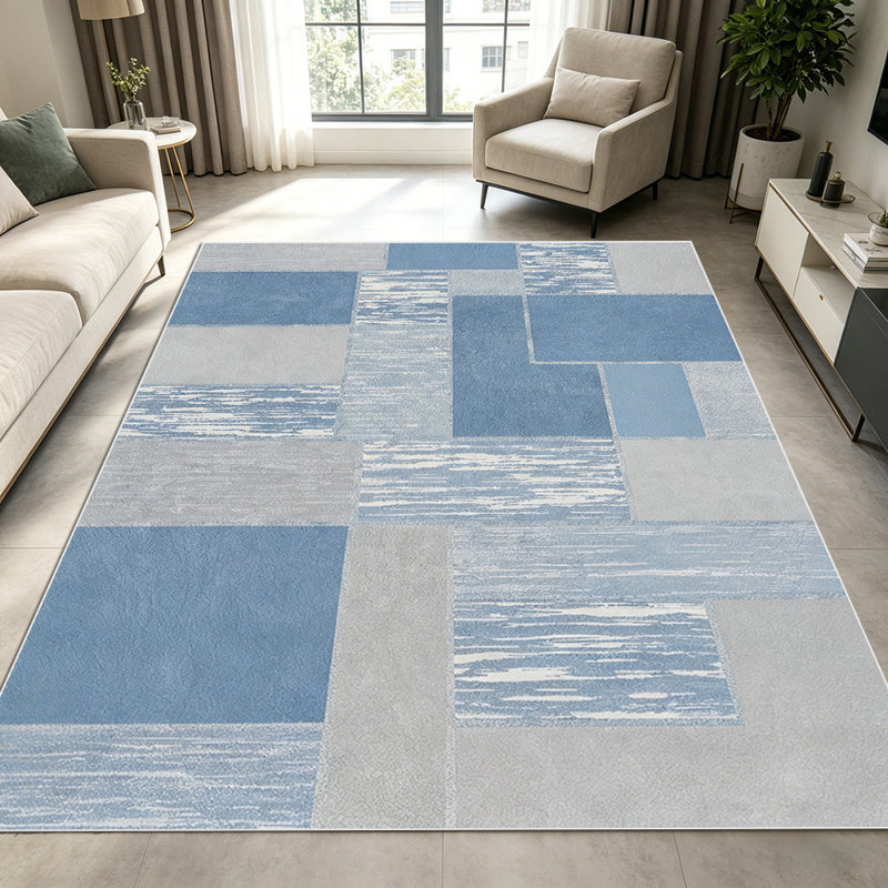 1PC Geometric Block Stripe Patchwork Blue & Grey Tone area rugs for Living Room, Soft, All seasons, Easy-maintain, Washable Indoor mat, Farmhouse suitable for for dining table, bedroom, entryway...