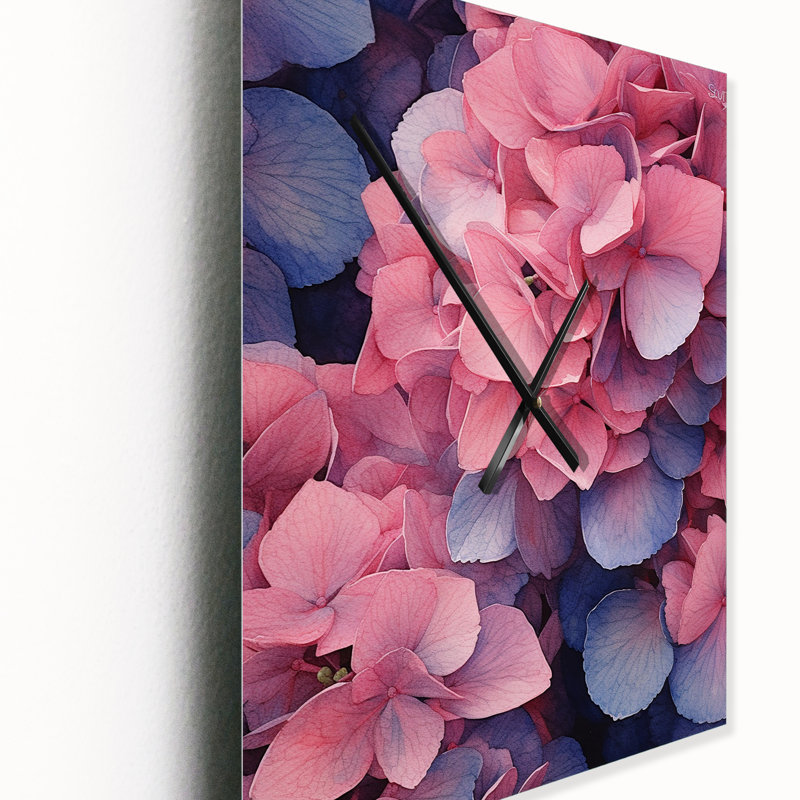 Horloge murale moderne rose et bleu avec fleurs d'hortensia II, Petit
