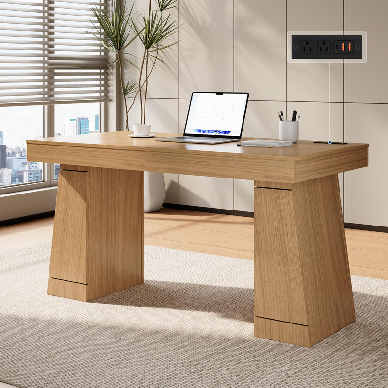 Bureau de direction moderne de 55 pouces avec centre d'alimentation intégré et armoire de rangement dissimulée, table de travail stable à structure en acier avec plusieurs options de finition