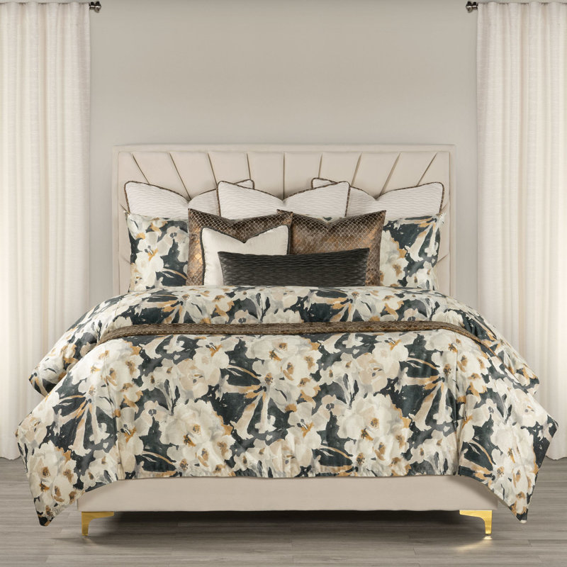 Polyester Floral Duvet Cover & Insert Set, Queen Duvet + 2 Shams + 2 Throw Pillows, Golden/Gray