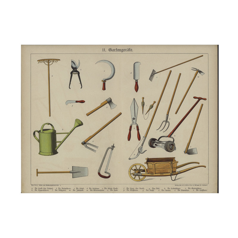 Art sur toile, ustensiles de jardin allemand, H 14 po x l 19 po